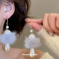 Gray Pom Pom Faux Pearl Drop Hook Earrings With Decorative Metal Details view 2
