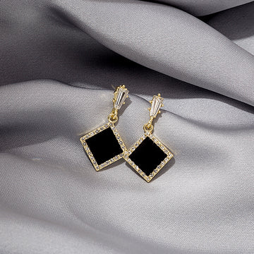Black Diamond Square Crystal Border Long Huggie Earrings