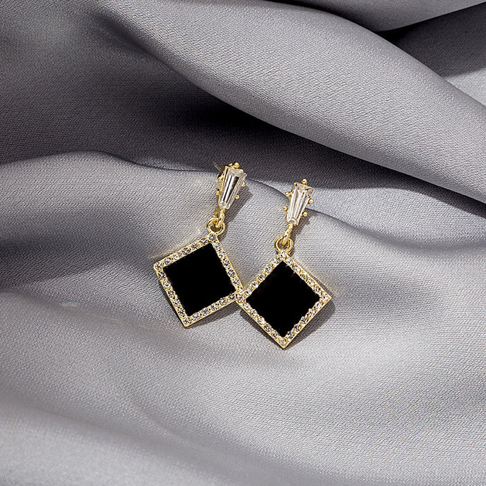 Black Diamond Square Crystal Border Long Huggie Earrings