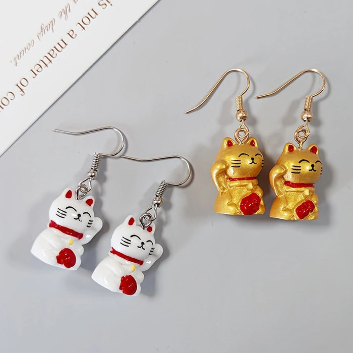 White and Gold Lucky Cat Drop Earrings with Fishhook Ear Wires