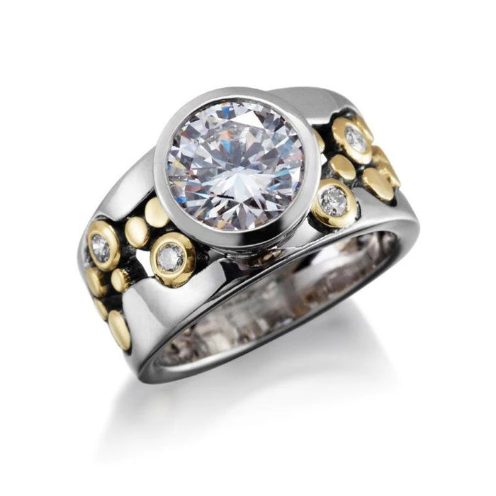 Two Tone Bezel Round Crystal Band Ring US Sizes 6-10