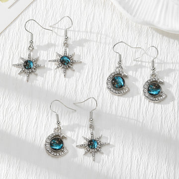 Silver Tone Blue Celestial Glass Sun and Moon Drop Earrings