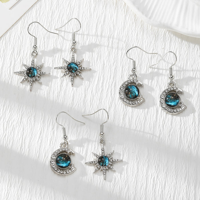Silver Tone Blue Celestial Glass Sun and Moon Drop Earrings