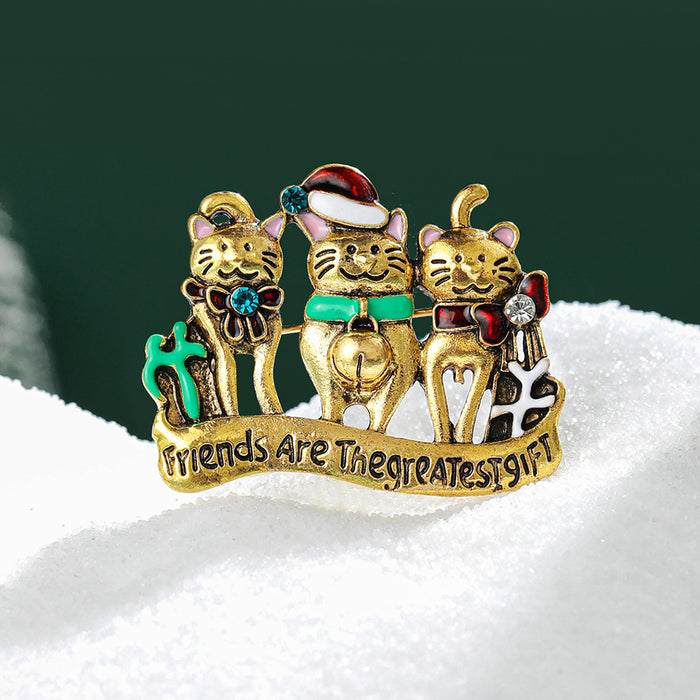 Festive Cat Group Enamel Metal Brooch in Silver and Gold