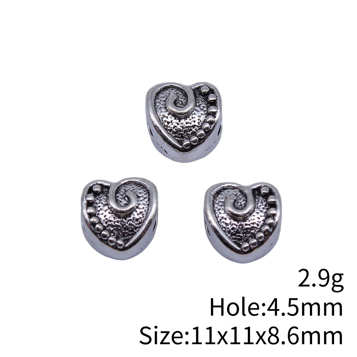 11x11x8.6mm 2.9g Antique Silver Zinc Alloy Heart Large Hole Beads for DIY Bracelet Jewelry Making