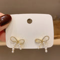 Crystal Bow Pearl Drop Stud Earrings Fashion Jewelry Accessory view 1