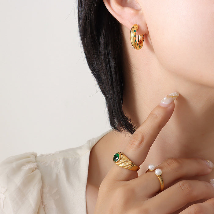 C Shape Hammered Zircon Stud Hoop Earrings Gold Steel