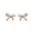 Pearl Bow And Floral Stud Earrings With Polished Metal Tone Details view 5