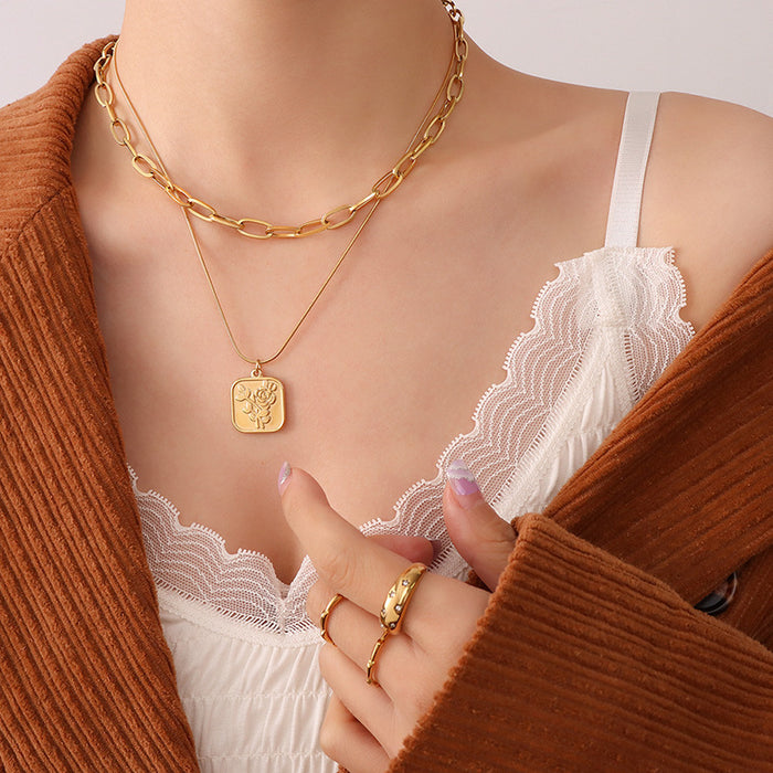 Gold Square Rose Embossed Pendant Snake Chain Necklace