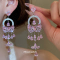 Heart Crystal Teardrop Chandelier Stud Earrings with Polished Metal Details view 4