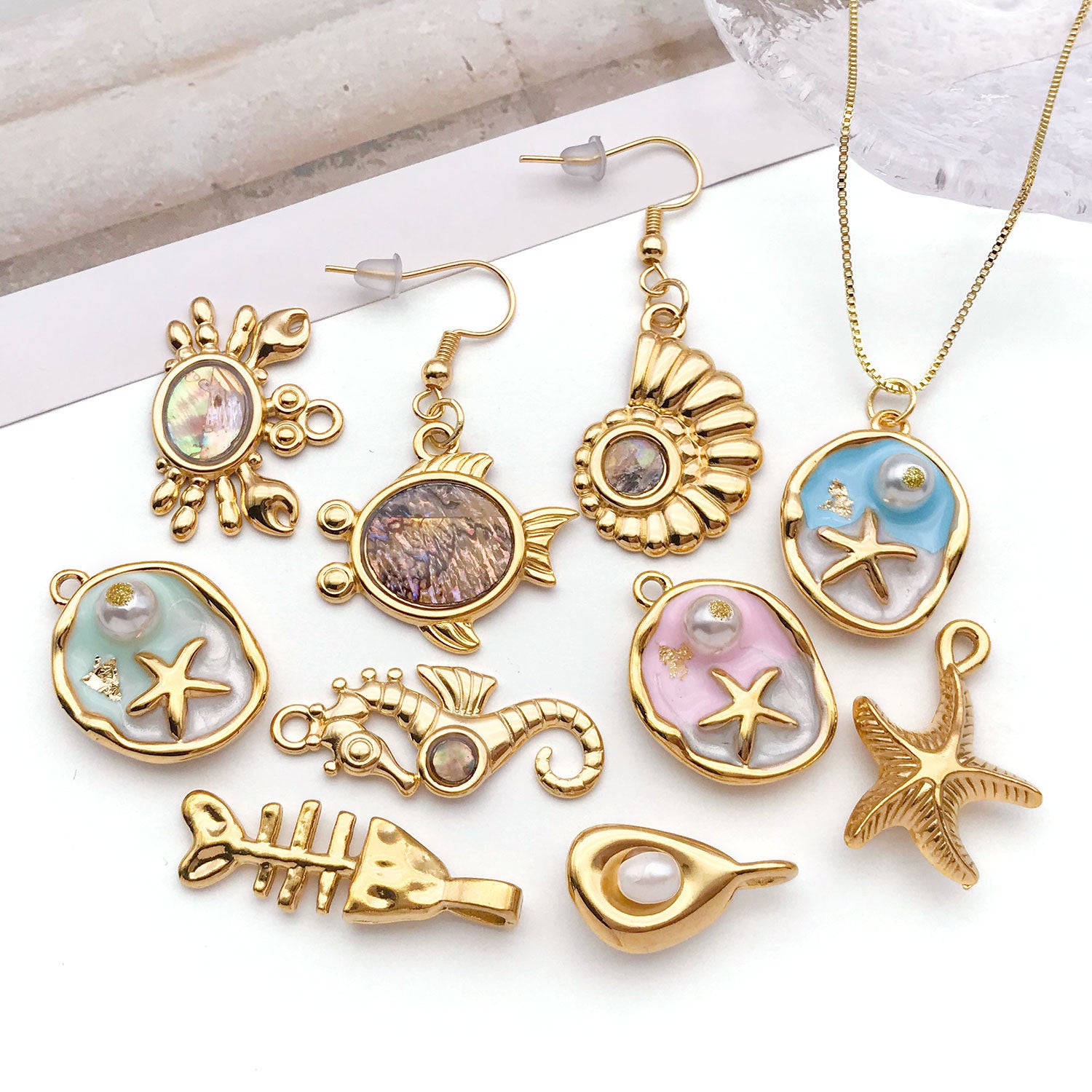 Acrylic Rhinestone Crab Faux Pearl Starfish Charm Pendant for DIY Necklace Earring Jewelry