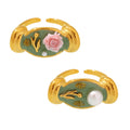 Green Enamel Floral Open Rings Pearl Rose Gold Steel Size 7 view 5