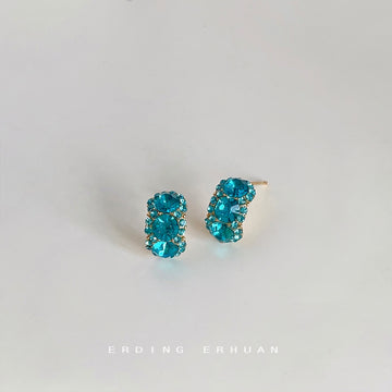 Gold Tone Aqua Blue Triple Stone Cluster Stud Earrings For Women