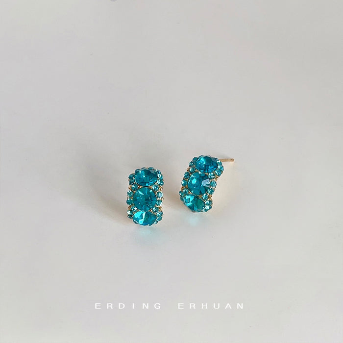 Gold Tone Aqua Blue Triple Stone Cluster Stud Earrings For Women