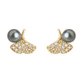 Gold-Tone Mini Pavé CZ Ginkgo Leaf Stud Earrings Gray Pearl view 5