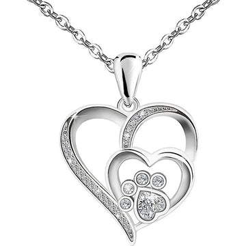 Silver Tone Double Heart Paw Pendant Necklace Clear Stones
