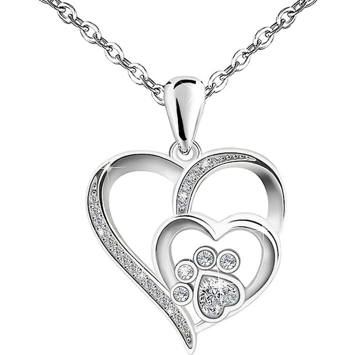 Silver Tone Double Heart Paw Pendant Necklace Clear Stones
