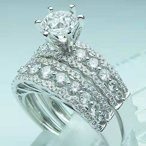 Three Piece Round Stone Pavé Ring Set Metal Jewelry Design shown in a front close-up