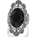Oversized Black Oval Filigree Statement Ring In Antiqued Silver Tone view 1