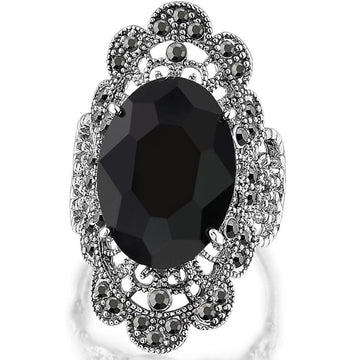 Oversized Black Oval Filigree Statement Ring In Antiqued Silver Tone