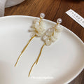 White Petal Cluster Drop Earrings with Long Gold Tone Tassels view 4