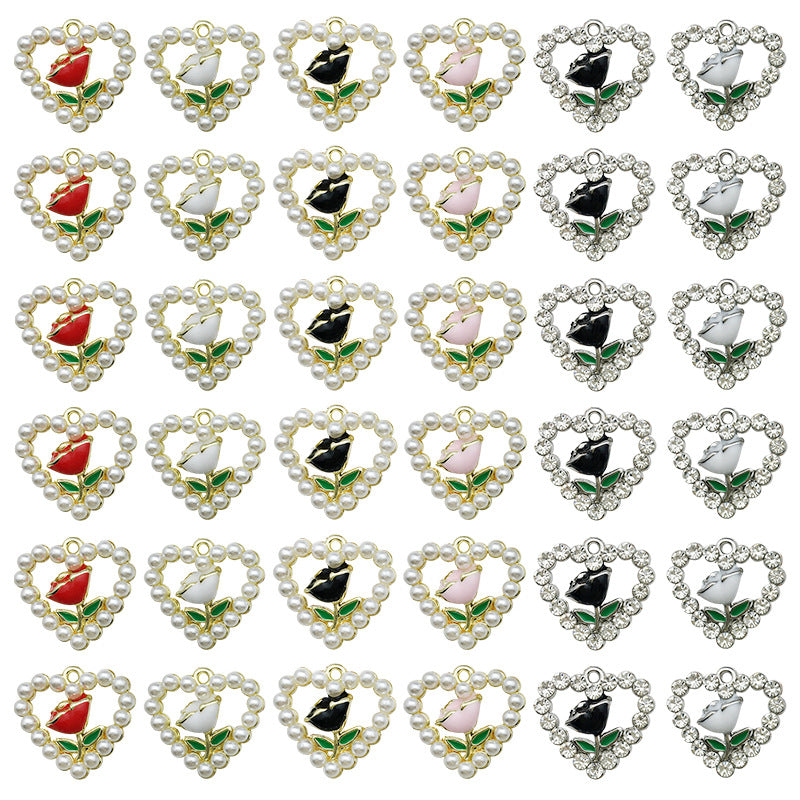 Zinc Alloy Pearl Heart Rose Charm Pendant for DIY Keychain Necklace Earrings
