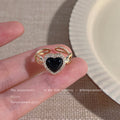 Gold-Tone Open Adjustable Black Heart CZ Halo Band Ring view 2