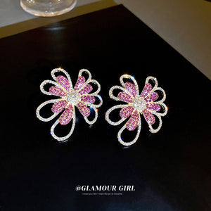 Pink Crystal Open Flower Statement Earrings With Polished Metal Tone Details