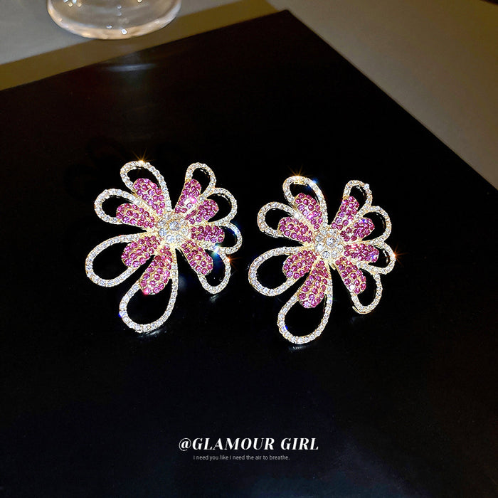 Pink Crystal Open Flower Statement Earrings With Polished Metal Tone Details