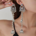Antique Silver Floral Bell Extra Long Dangle Earrings view 1