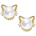 Cat Ear Faux Pearl Stud Earrings Silver Gold Tone CZ Accents view 5