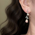 Pink Rosebud Pearl And Leaf Drop Earrings Fashion Jewelry view 2