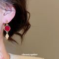 Red Velvet Disc Gold Tone Layered Sequin Dangle Earrings view 3