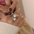 Silver Triple Glossy Ball Open Adjustable Ring Black view 2