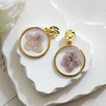 Gold Tone Round Pressed Hydrangea Resin Stud Drop Earrings view 7