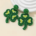 Green Seed Bead Three-Leaf Clover Drop Earrings With Pearl Beads view 4