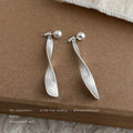 Silver Tone Long Twisted Bar Pearl Top Drop Stud Earrings view 3