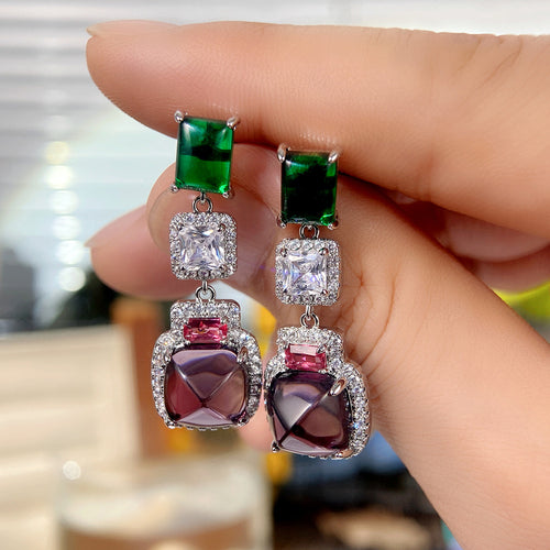 Green Clear Purple Square Stone Earrings Metal Jewelry Design shown from an alternate angle
