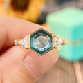 Gold Hexagon Teal Blue Center Triangle Side Stones Ring Alloy view 3