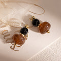 Black and Amber Brown Double Bead Dangle Stud Earrings view 1