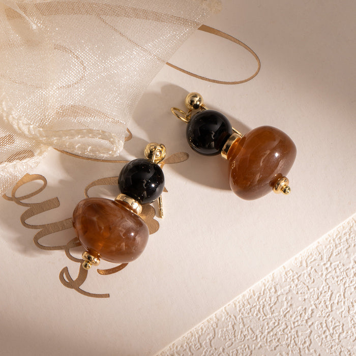 Black and Amber Brown Double Bead Dangle Stud Earrings