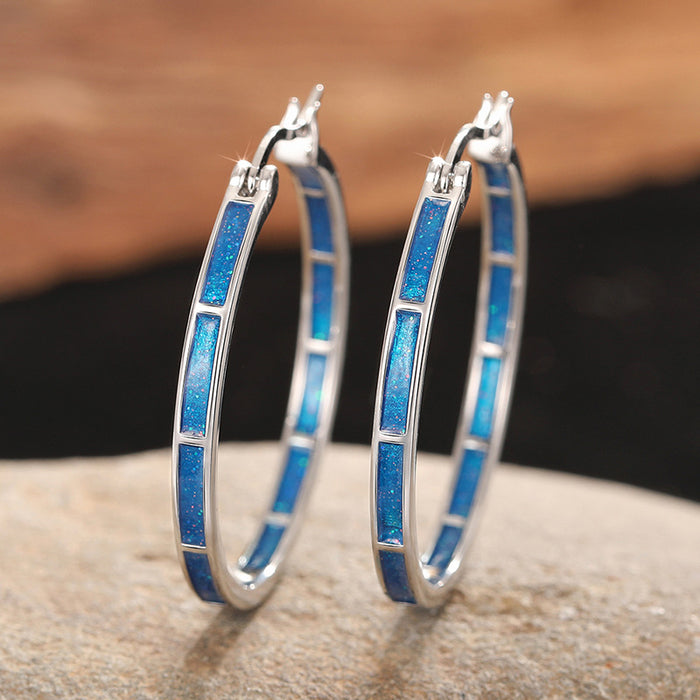 Rectangular Blue Inlay Hoop Earrings In Gold And Silver Tones