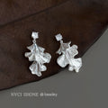 Silver Tone Clear Square Top And Ruffled Leaf Drop Stud Earrings view 4