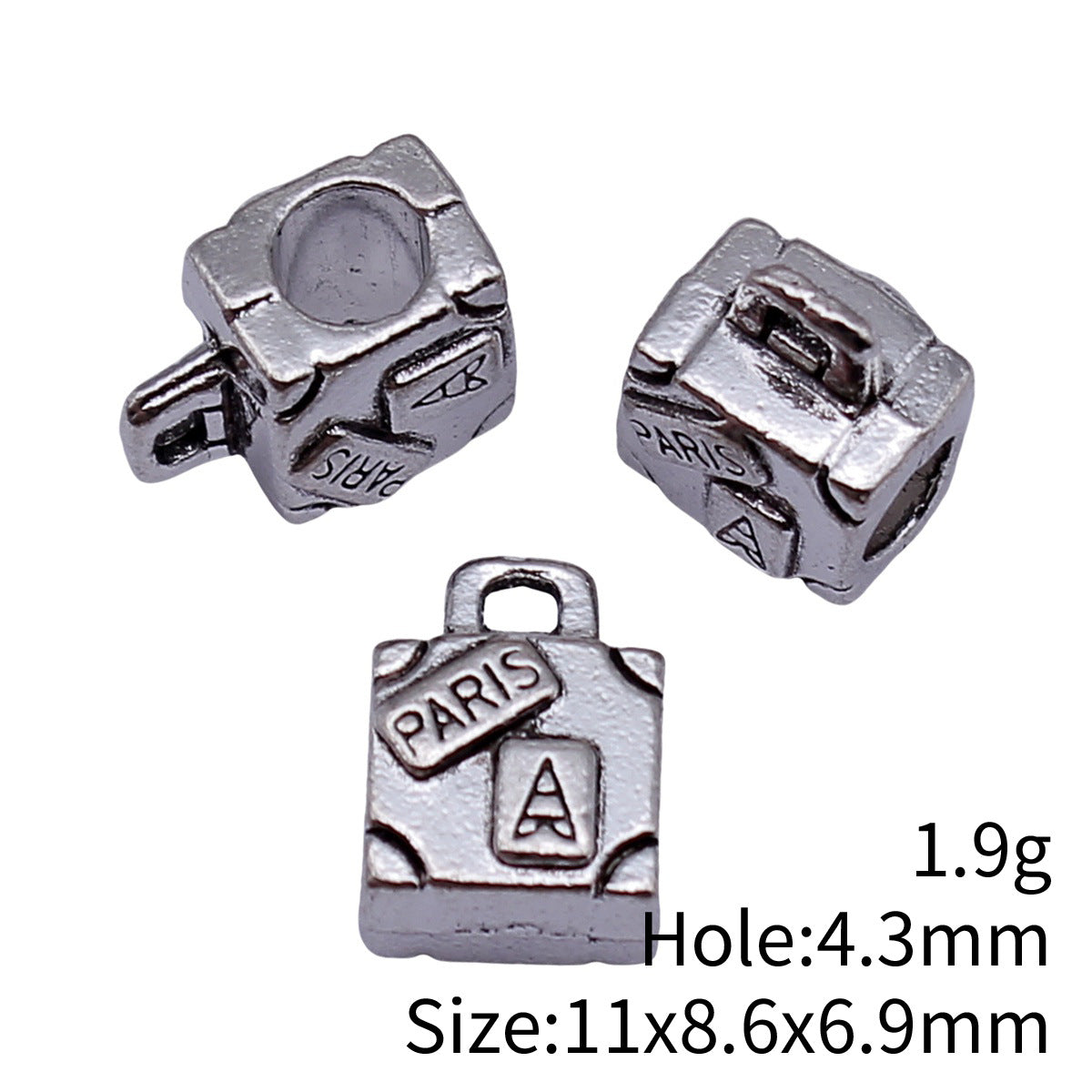 11x8.6x6.9mm 1.9g Antique Silver Zinc Alloy PARIS Handbag Large Hole Beads for Bracelet DIY Jewelry