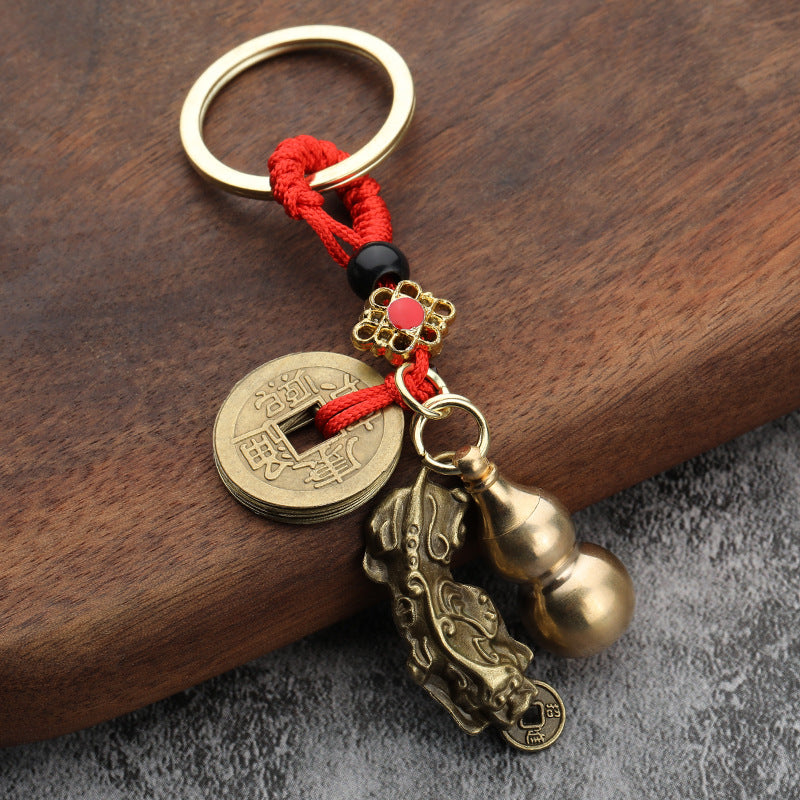 Brass Gourd Pixiu Keychain with Red Cord and Cinnabar Accent