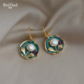 Gold Teal Enamel Disc Baroque Pearl Floral Drop Hook Earrings view 3