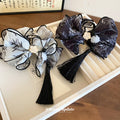 Ink Print Mesh Bow Hair Claw With Long Black Tassel In Two Colors view 2