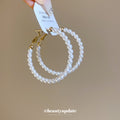 White Pearl Beaded Large Hoop Earrings in Gold Tone view 2