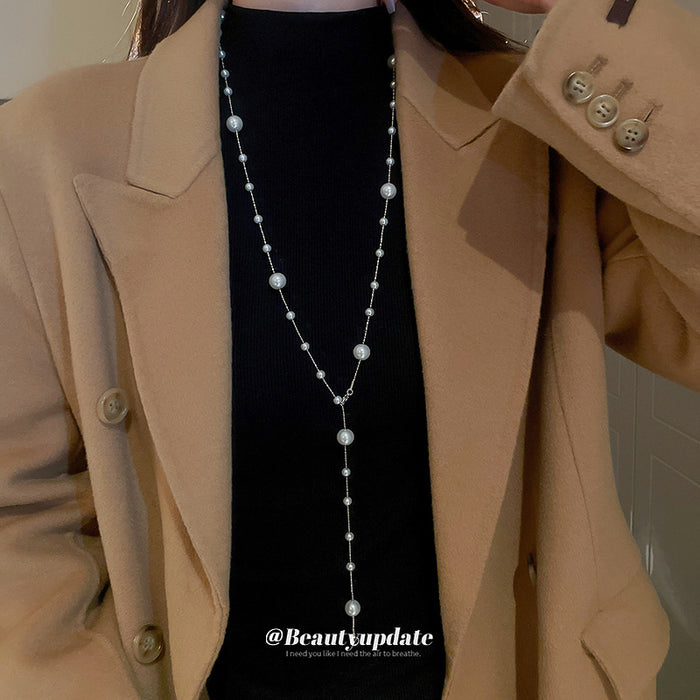 Long Station Pearl Lariat Y Necklace Silver Champagne Gold