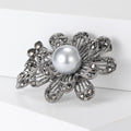 Gunmetal Filigree Flower and Leaf Brooch with Pearl Center view 3